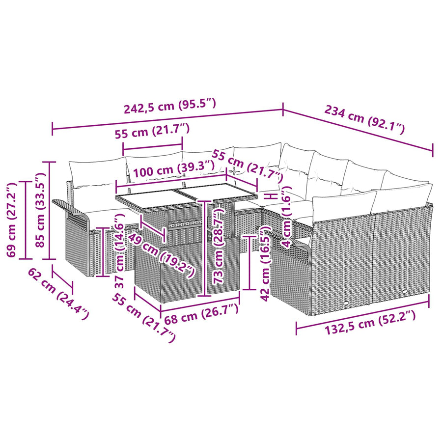 Tuin Sofa Set met kussen 9 pcs Bruin Poly riet