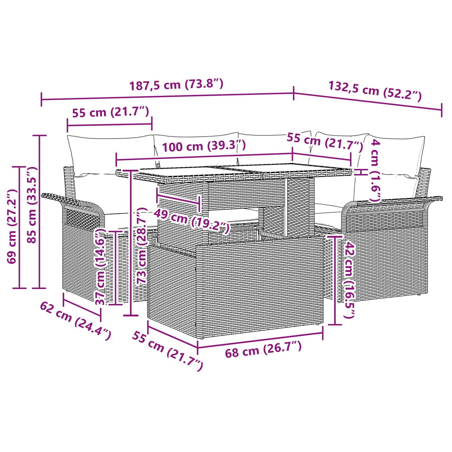 Tuin Sofa Set met kussen 5 pcs Grijs poly rattan