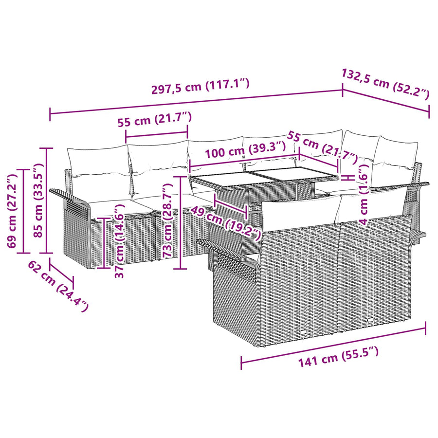Tuin Sofa Set met kussen 9 pcs Bruin Poly riet