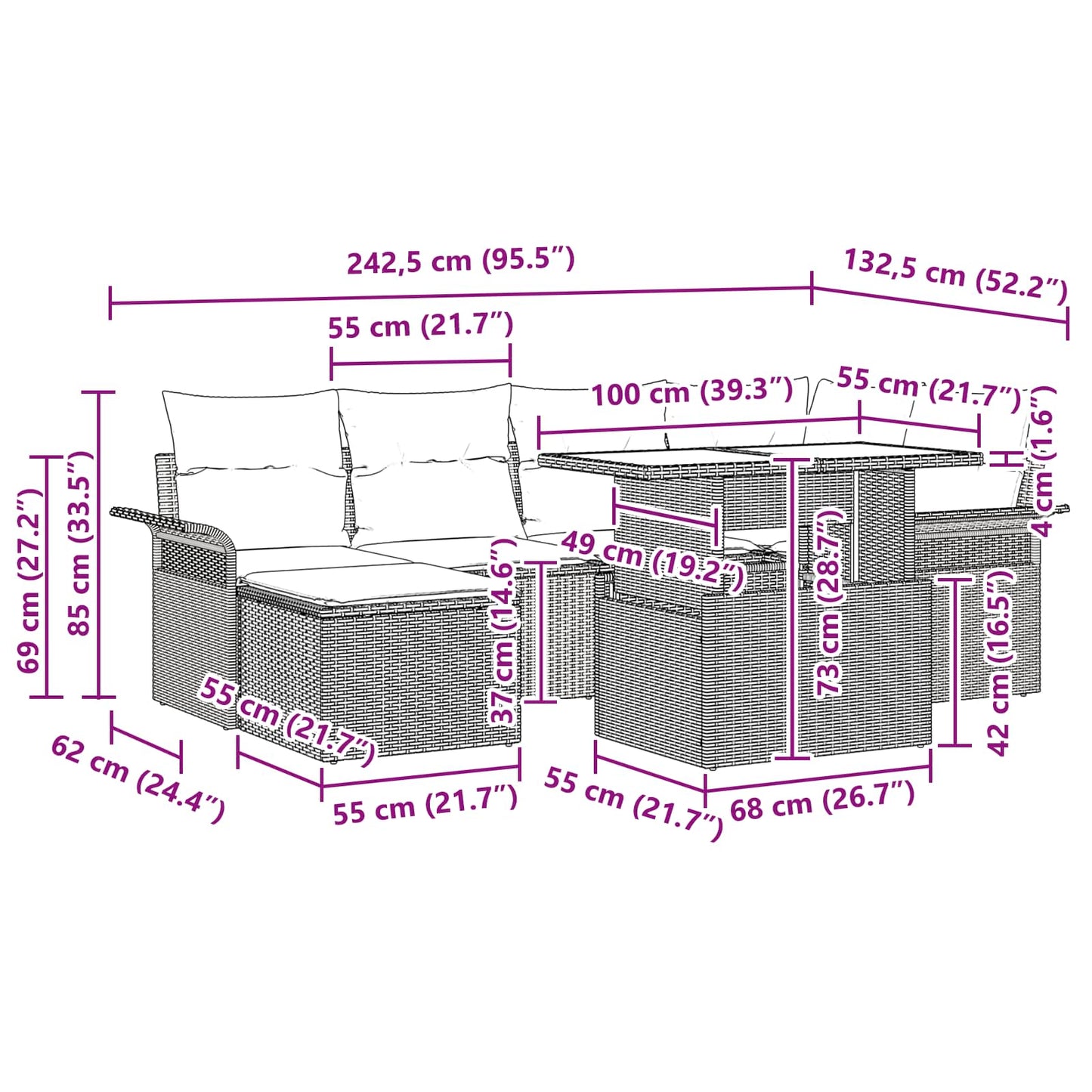 Tuin Sofa Set met kussen 7 pcs Bruin poly rattan