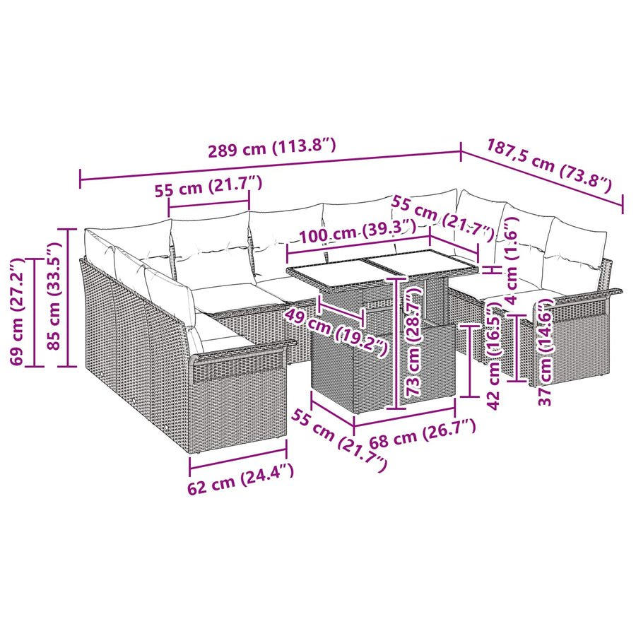 Tuin Sofa Set met kussen 10 pcs Bruin Poly riet