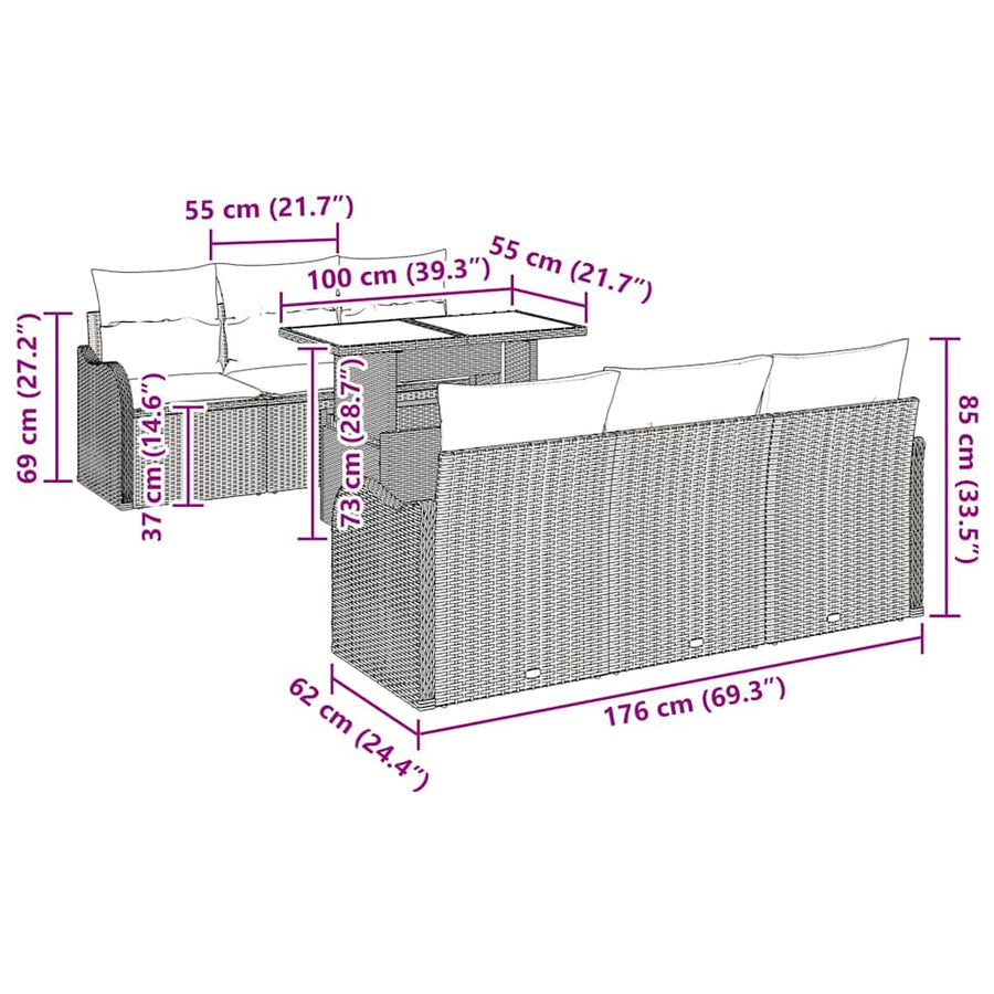 Tuin Sofa Set met kussen 7 pcs Zwart Poly riet