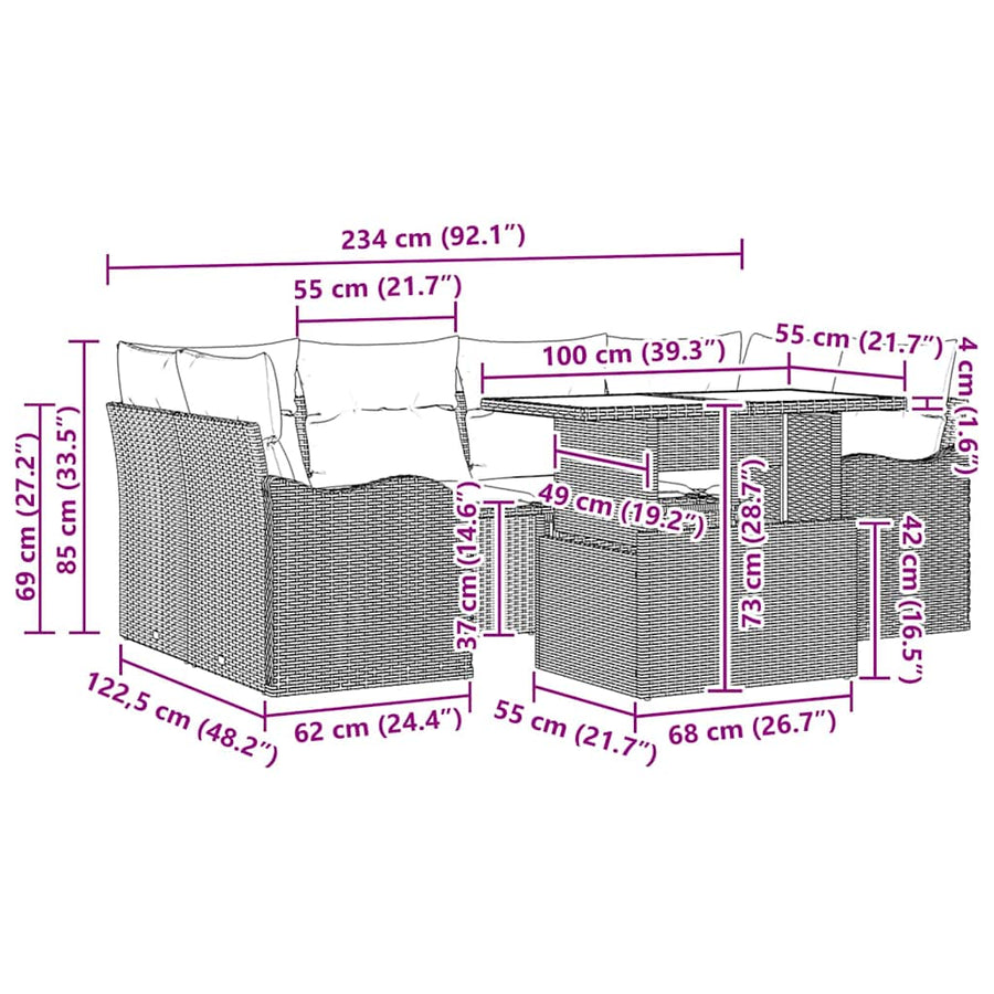 Tuin Sofa Set met kussen 7 pcs Zwart Poly riet