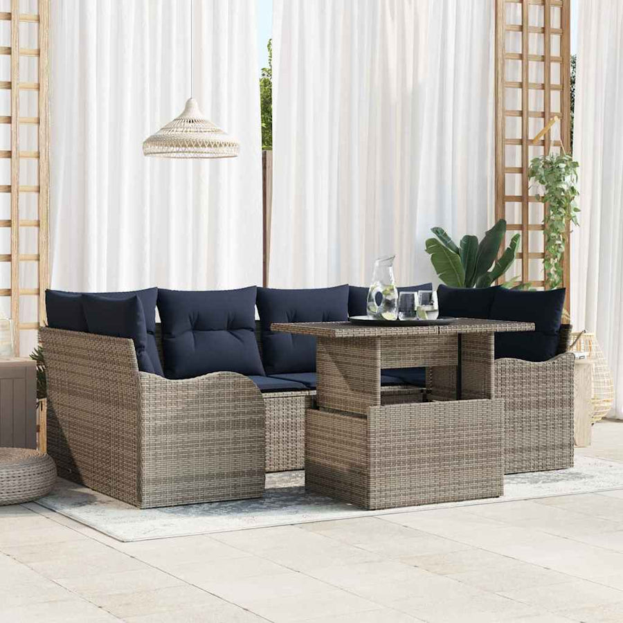 Tuin Sofa Set 7 st Grijs en Marineblauw poly rattan