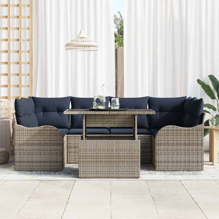 Tuin Sofa Set 7 st Grijs en Marineblauw poly rattan