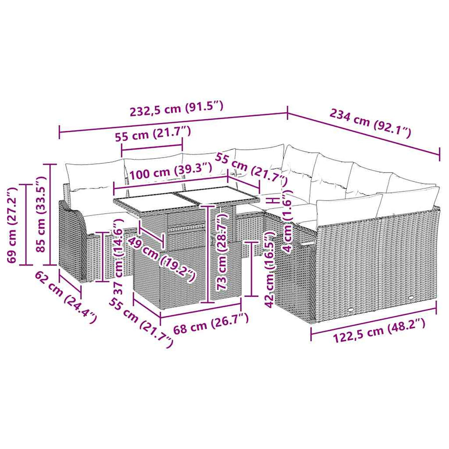 Tuin Sofa Set met kussen 9 pcs Zwart Poly riet