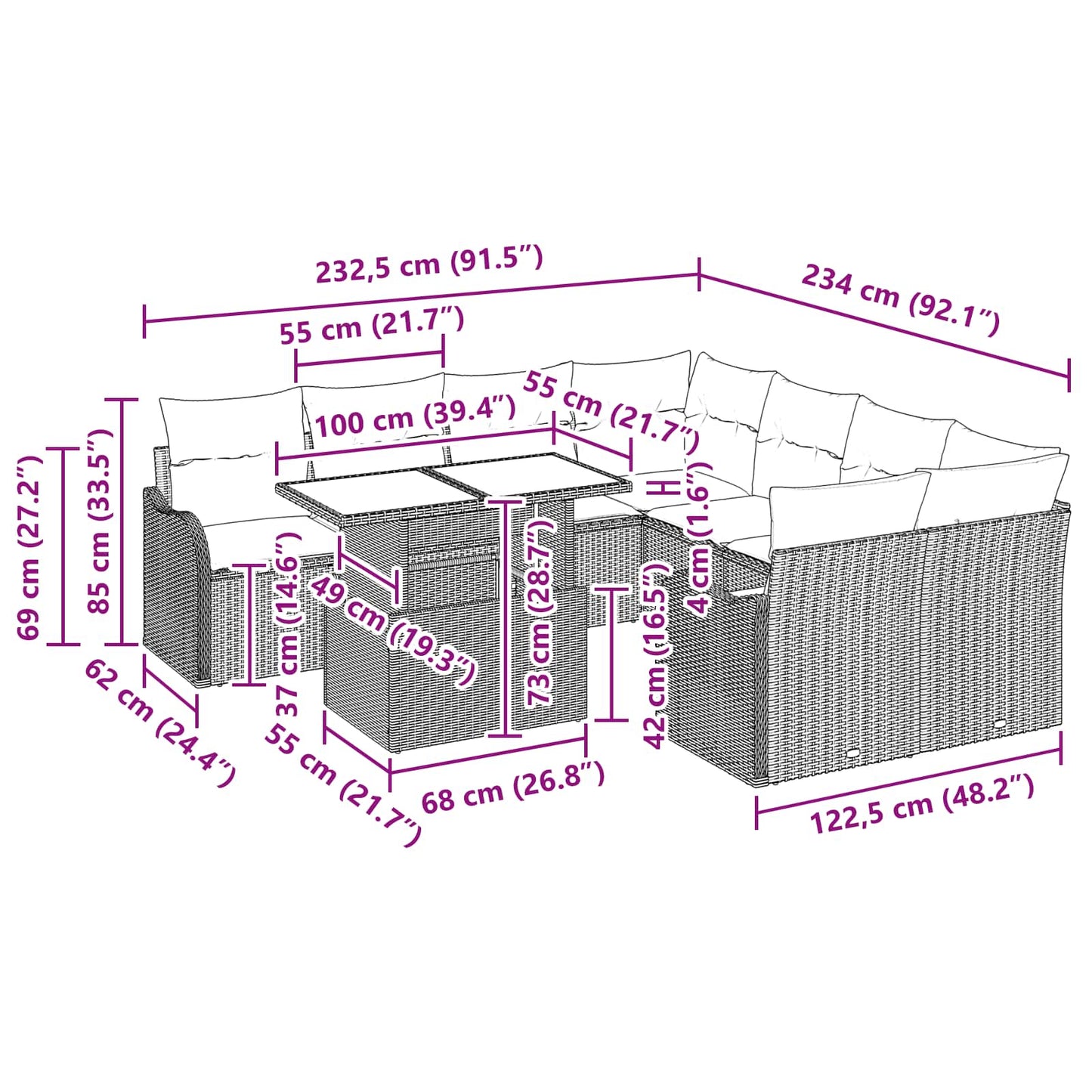 Tuin Sofa Set met kussen 9 pcs Bruin Poly riet