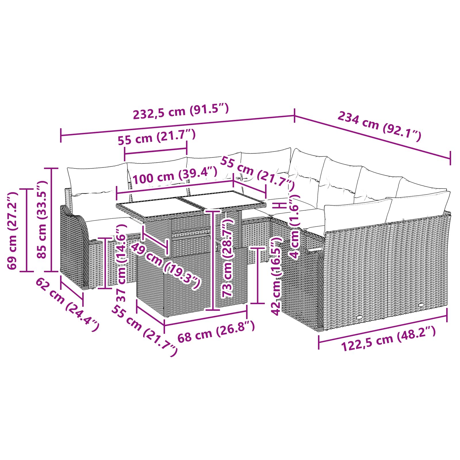 Tuin Sofa Set met kussen 9 pcs Bruin Poly riet