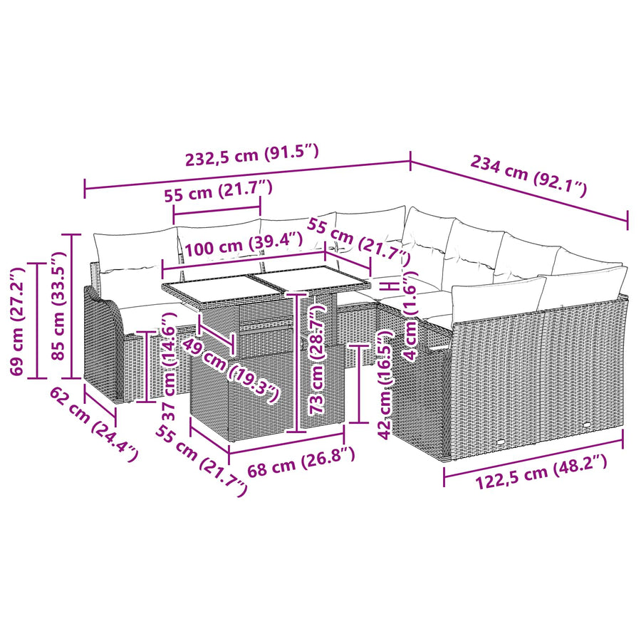 Tuin Sofa Set met kussen 9 pcs Bruin Poly riet