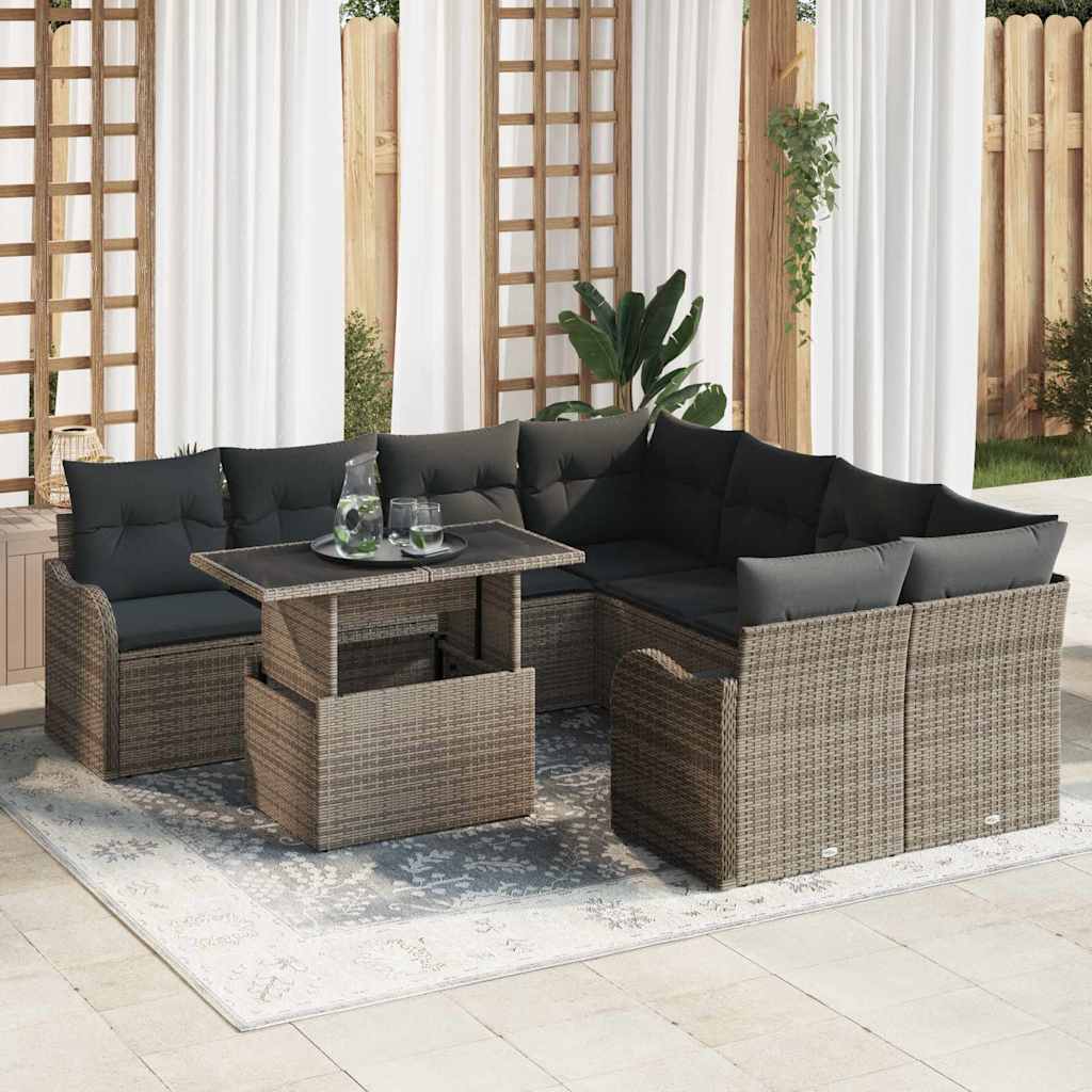 Tuin Sofa Set met kussen 9 pcs Grijs Poly riet