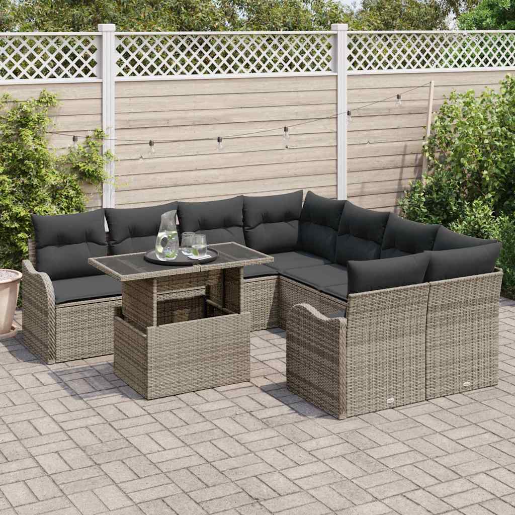 Tuin Sofa Set met kussen 9 pcs Grijs Poly riet
