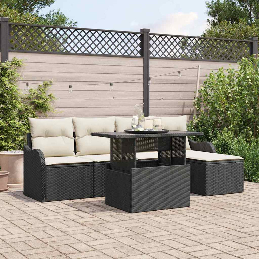 Buiten Zitmeubelset met kussen 6 pcs Zwart Poly riet