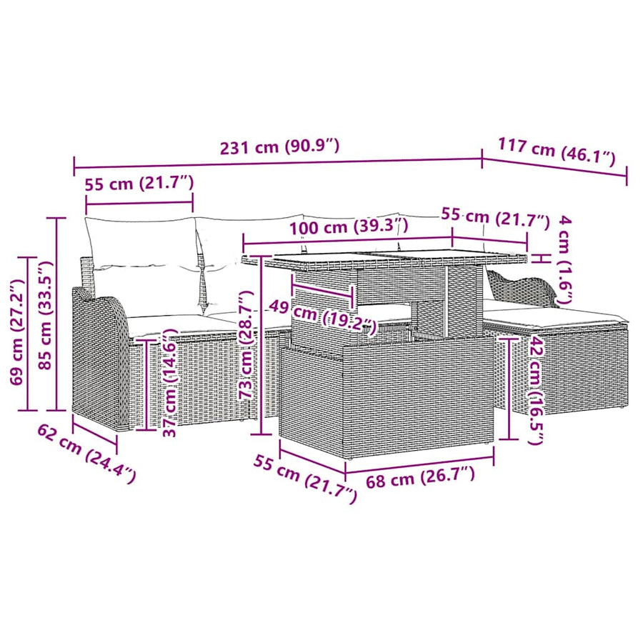 Buiten Zitmeubelset met kussen 6 pcs Zwart Poly riet