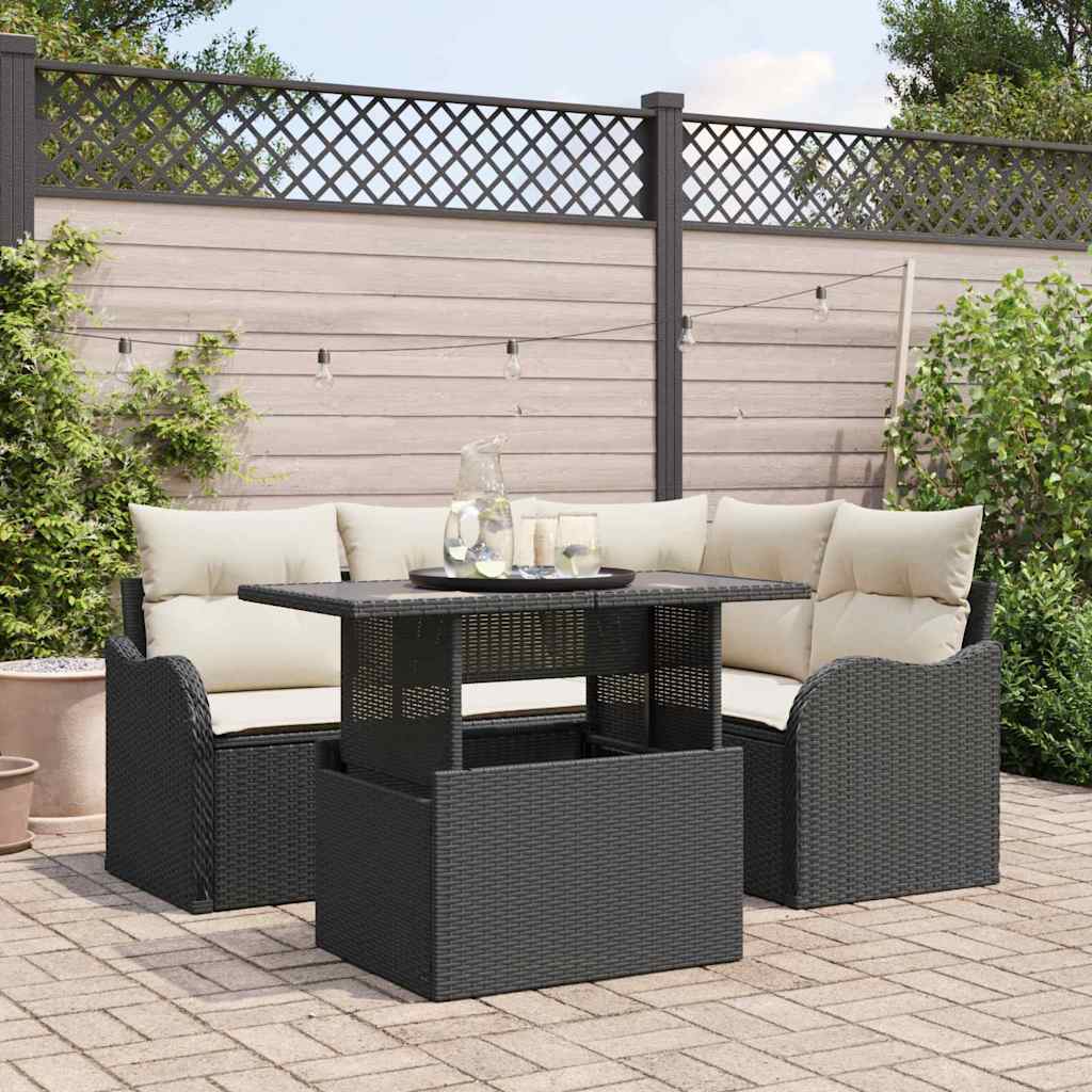 Buiten eetset met kussen 5 pcs Zwart Poly riet