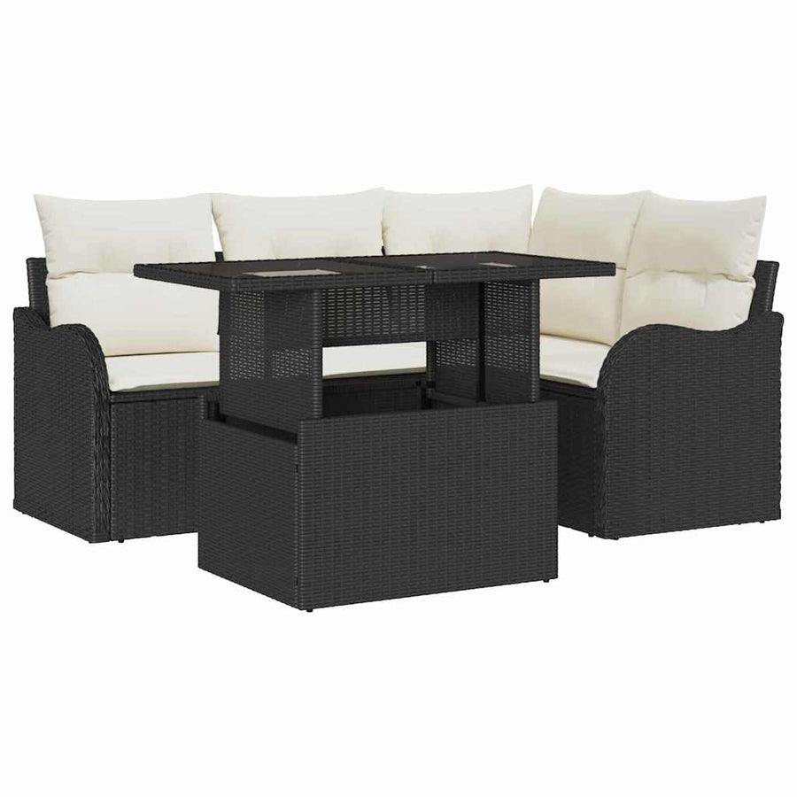 Buiten eetset met kussen 5 pcs Zwart Poly riet