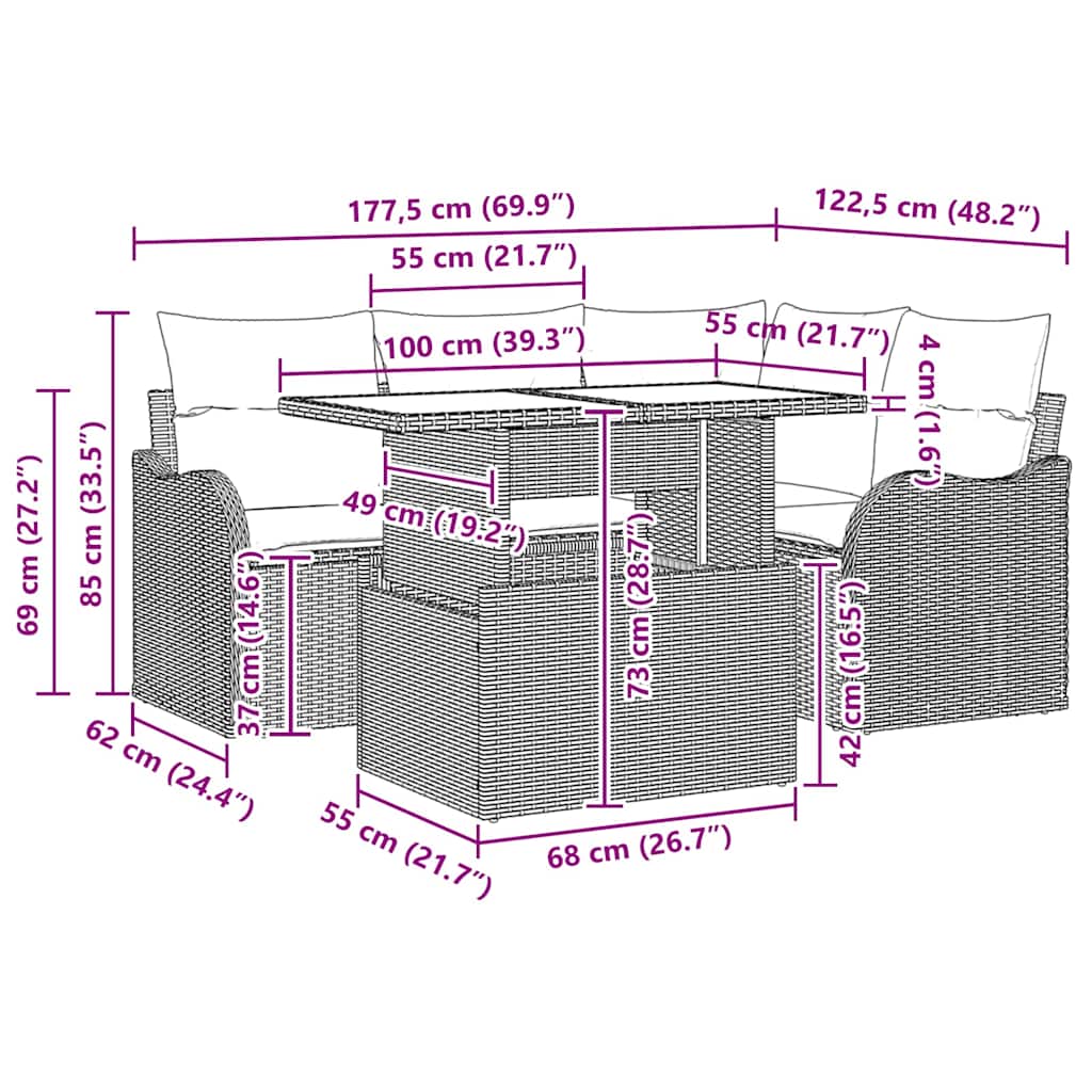 Buiten eetset met kussen 5 pcs Zwart Poly riet