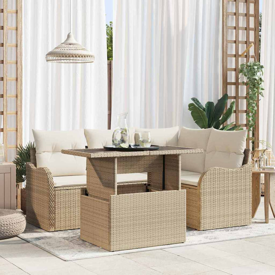 Buiten eetset met kussen 5 pcs Beige Poly riet