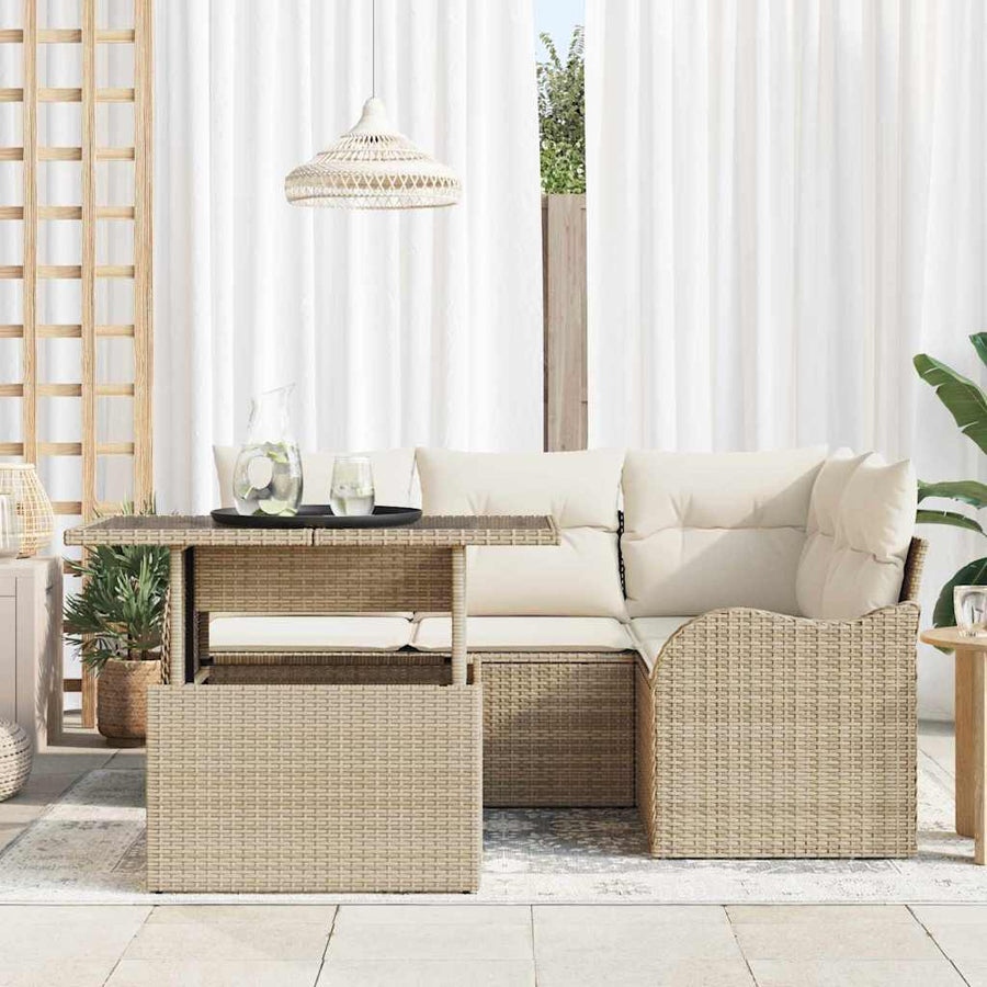 Buiten eetset met kussen 5 pcs Beige Poly riet