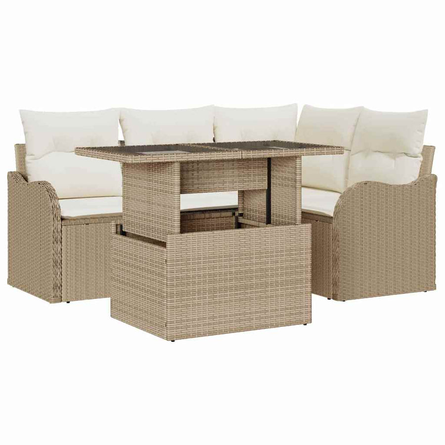 Buiten eetset met kussen 5 pcs Beige Poly riet