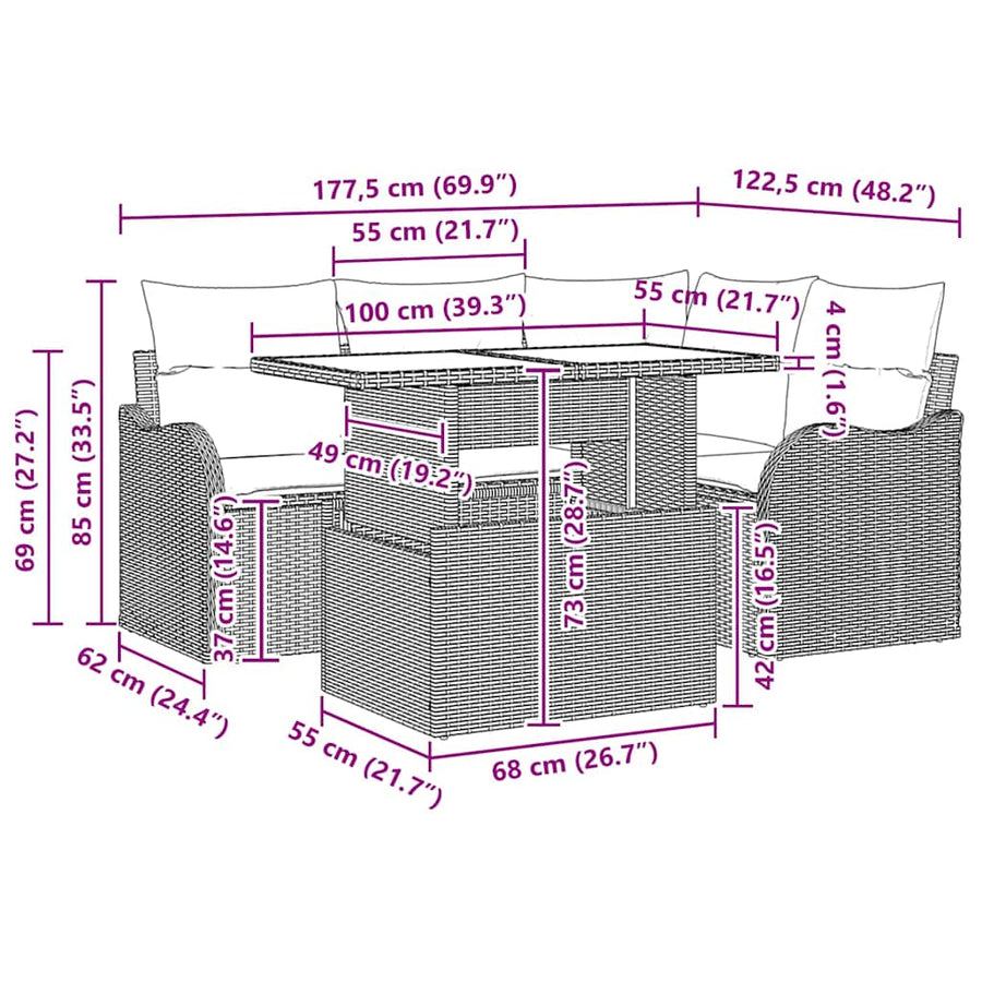 Buiten eetset met kussen 5 pcs Beige Poly riet