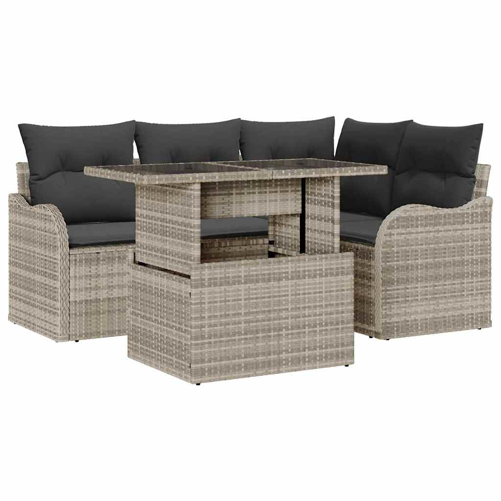Buiten eetset met kussen 5 pcs Lichtgrijs Poly riet