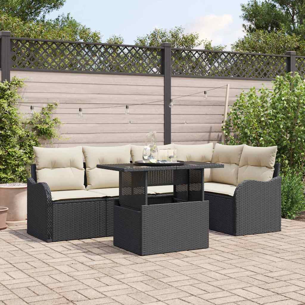 Eetkamerset met kussen 6 pcs Zwart Poly riet