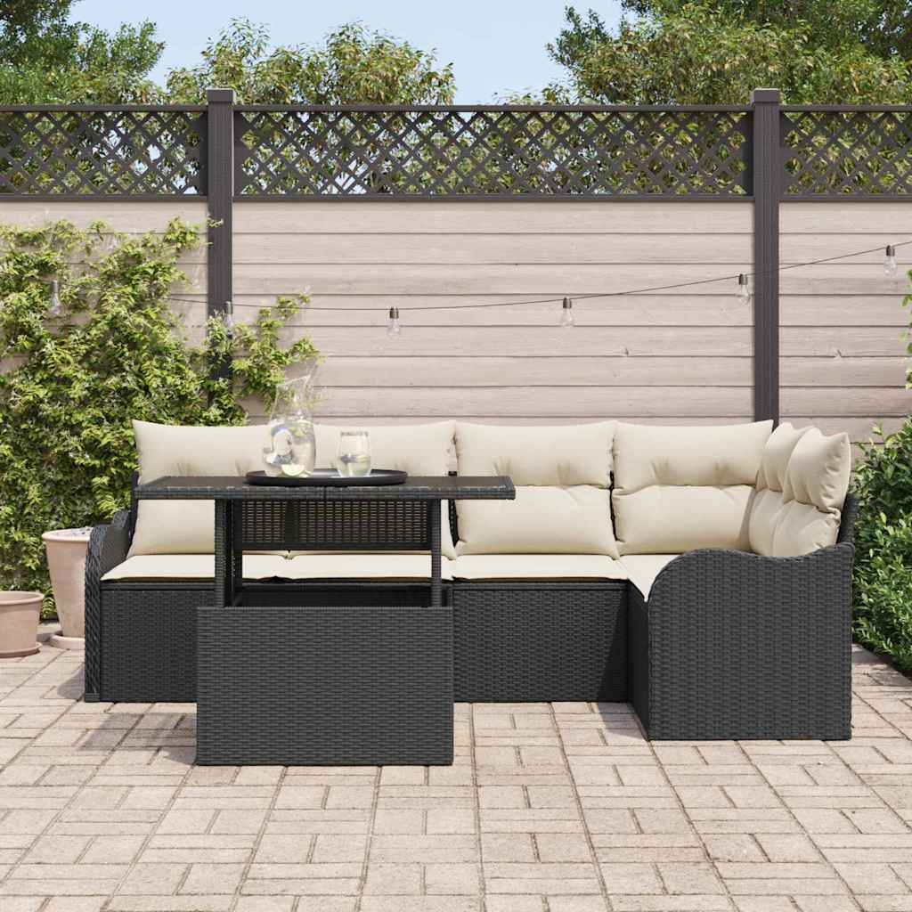 Eetkamerset met kussen 6 pcs Zwart Poly riet