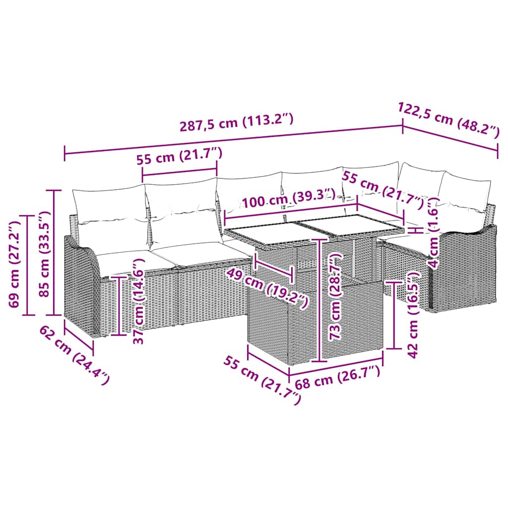 Bankstel met kussen 7 pcs Grijs Poly riet