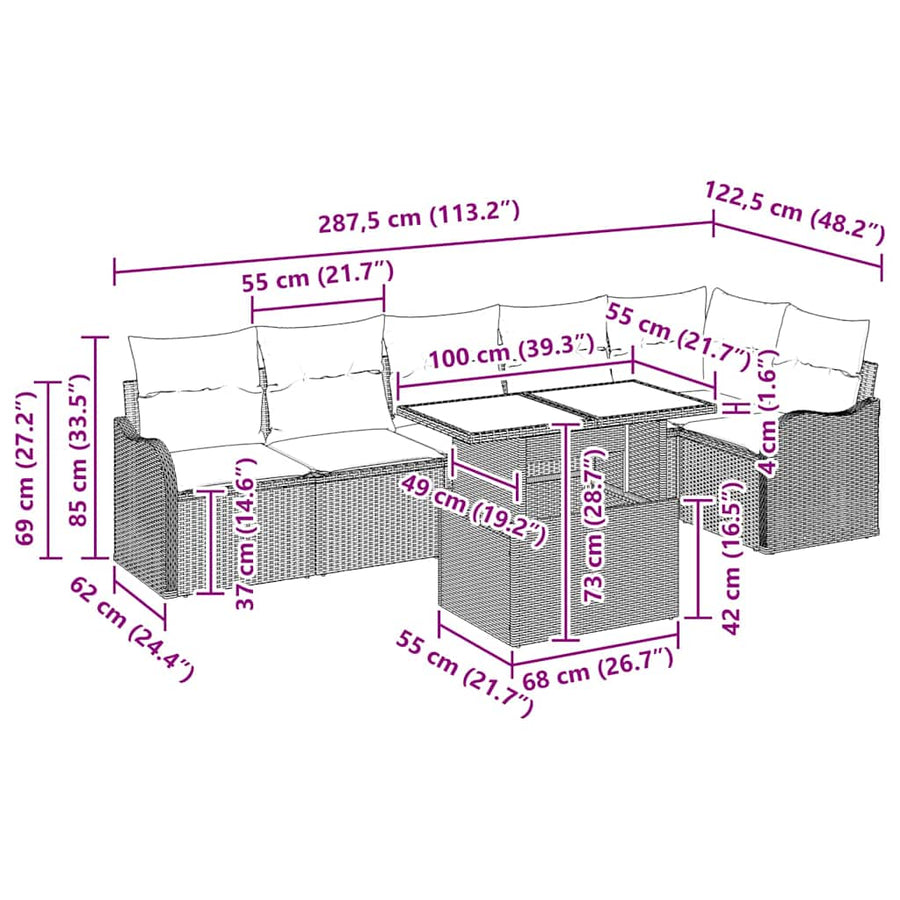 Bankstel met kussen 7 pcs Beige Poly riet