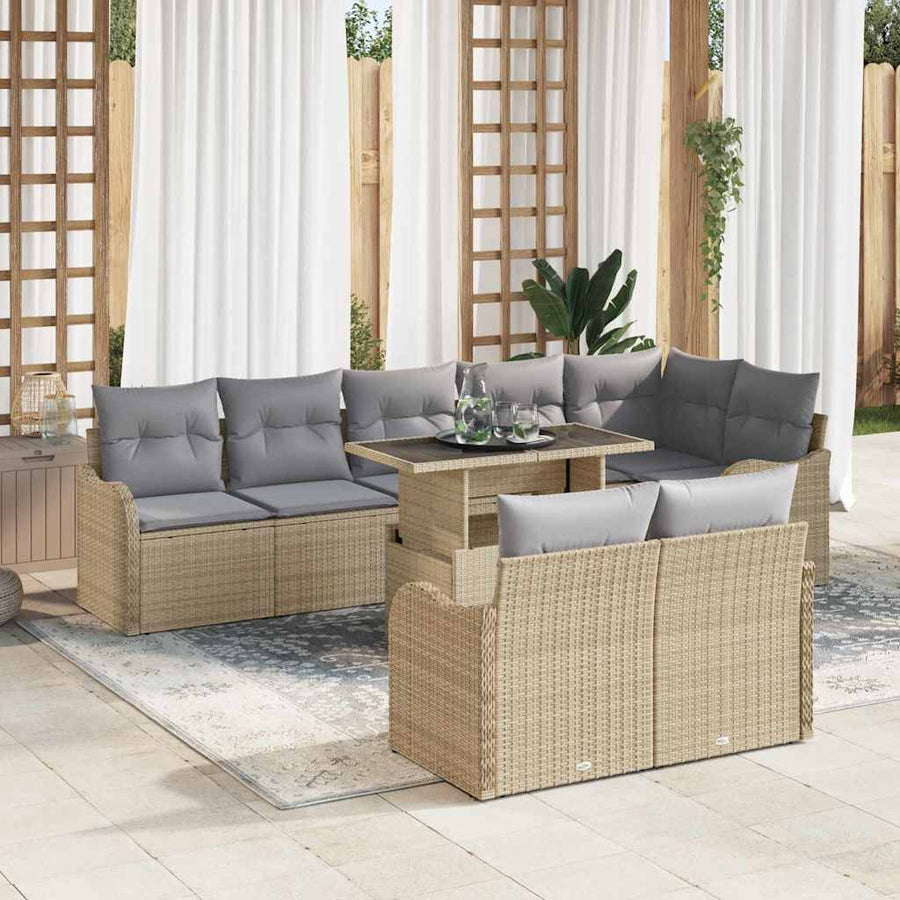 Loungebankset met kussen 9 pcs Beige Poly riet