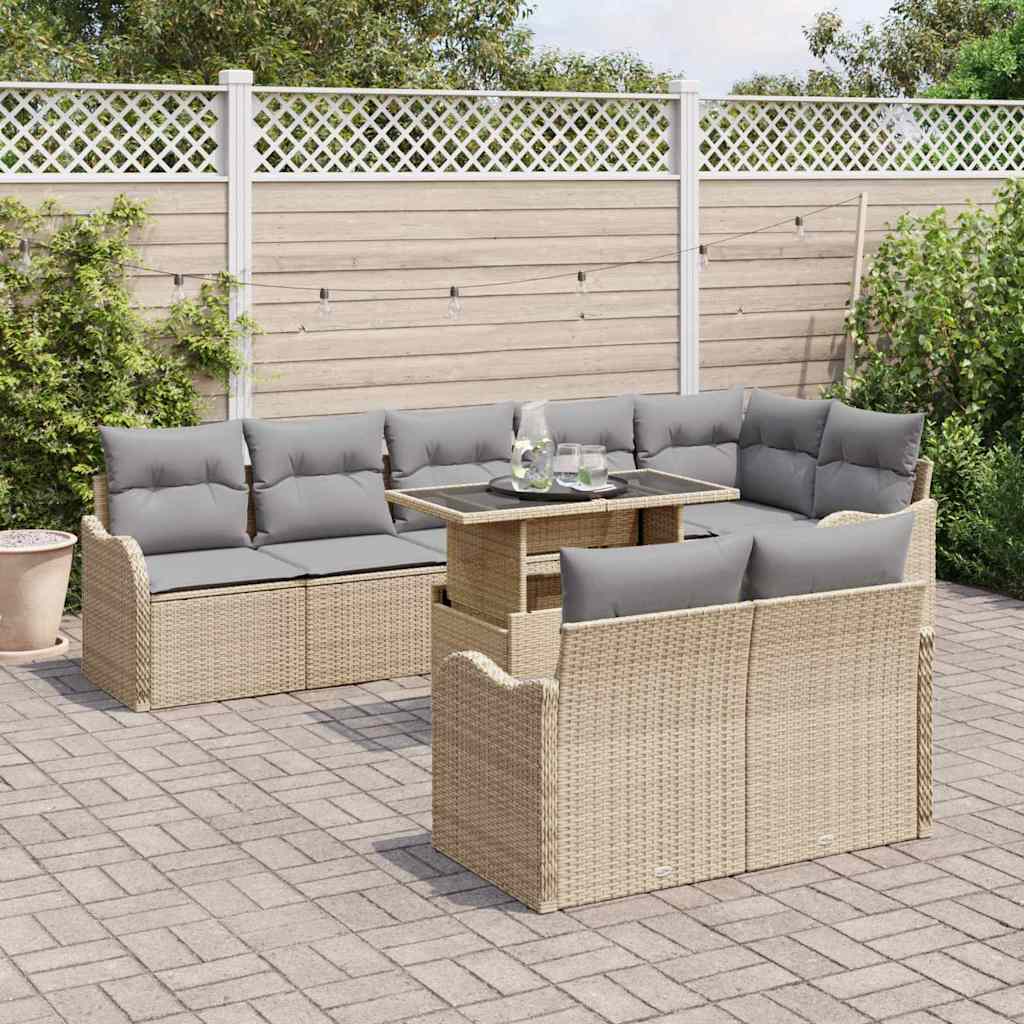 Loungebankset met kussen 9 pcs Beige Poly riet