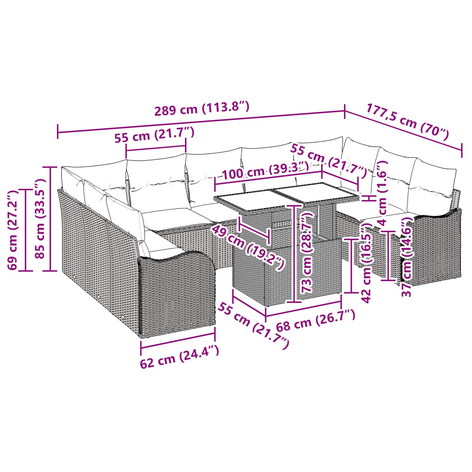 Tuin Sofa Set 10 st Grijs Poly riet