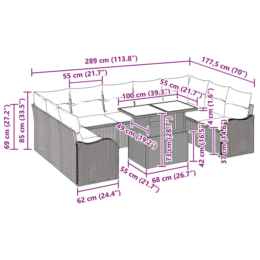 Tuin Sofa Set 10 st Grijs Poly riet