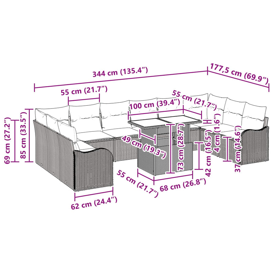 Tuin Sofa Set met kussen 11 pcs Bruin Poly riet