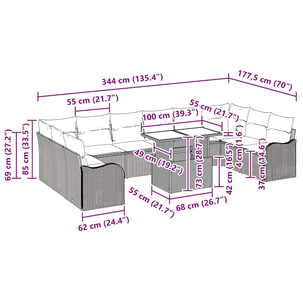 Tuin Sofa Set met kussen 11 pcs Zwart Poly riet