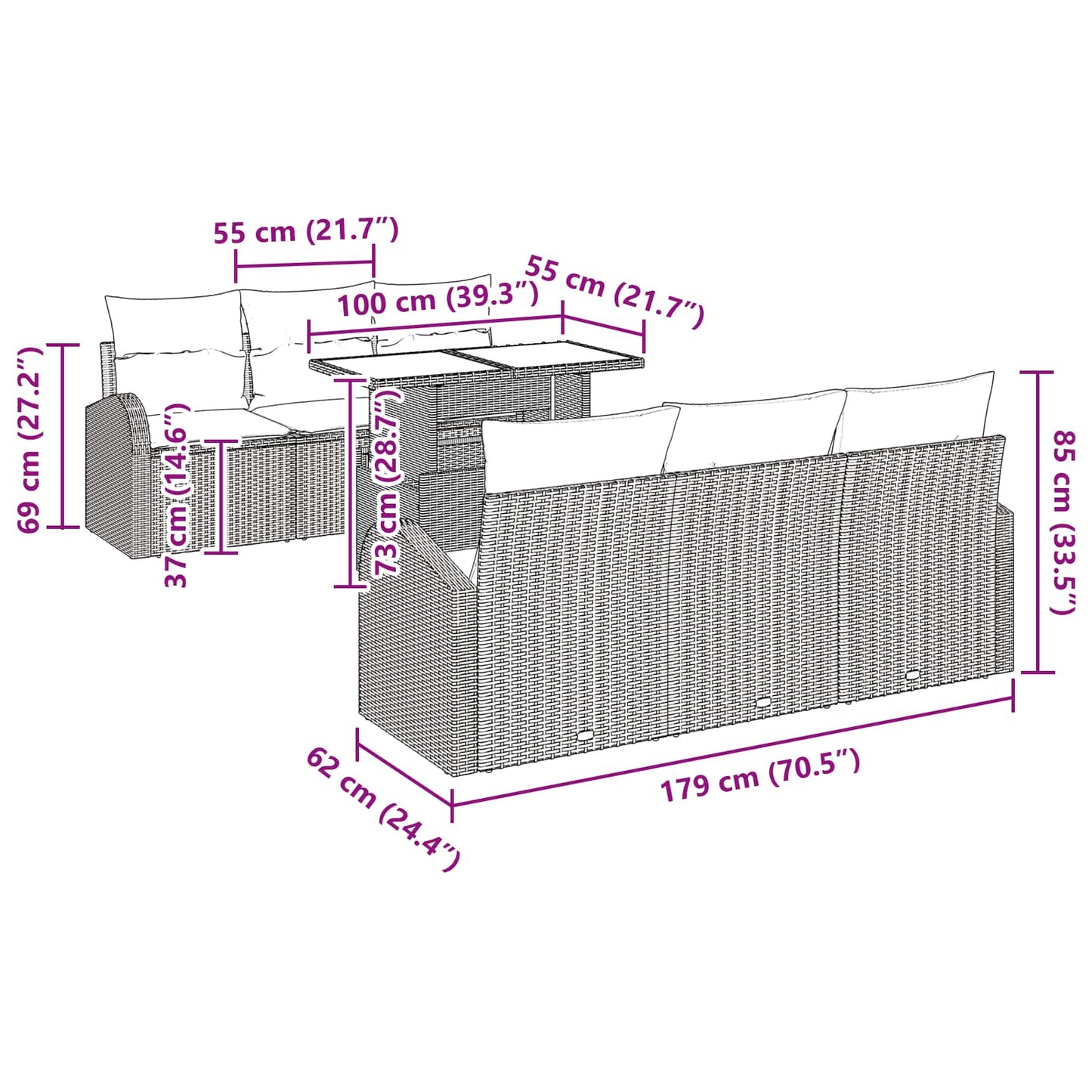 Tuin Sofa Set met kussen 7 pcs Bruin Poly riet