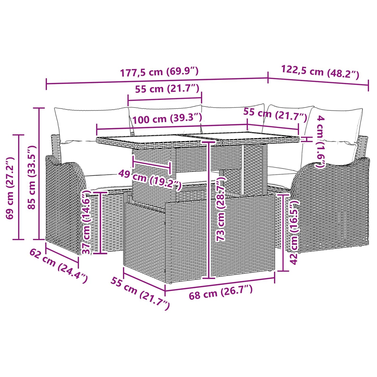Tuin Sofa Set met opslag 5 pcs Bruin en Rood poly rattan