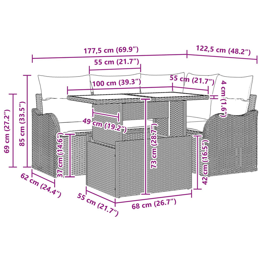Tuin Sofa Set met opslag 5 pcs Bruin en Rood poly rattan