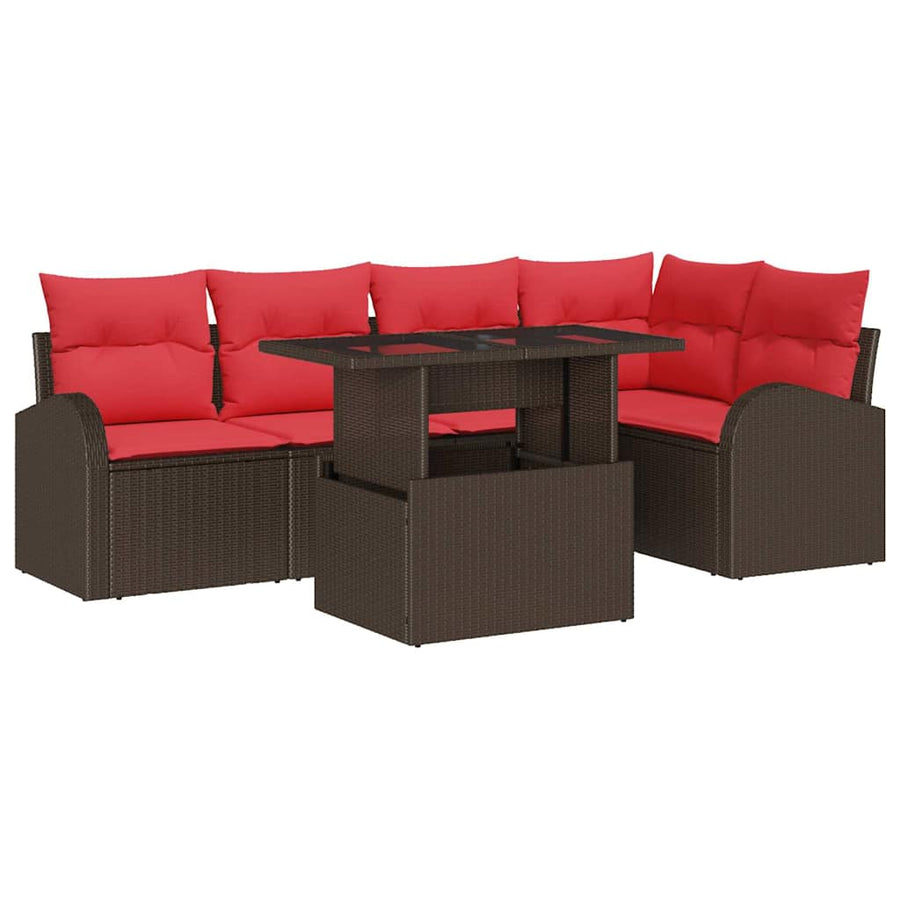 Tuin Sofa Set met kussen 6 pcs Bruin en rood poly rattan