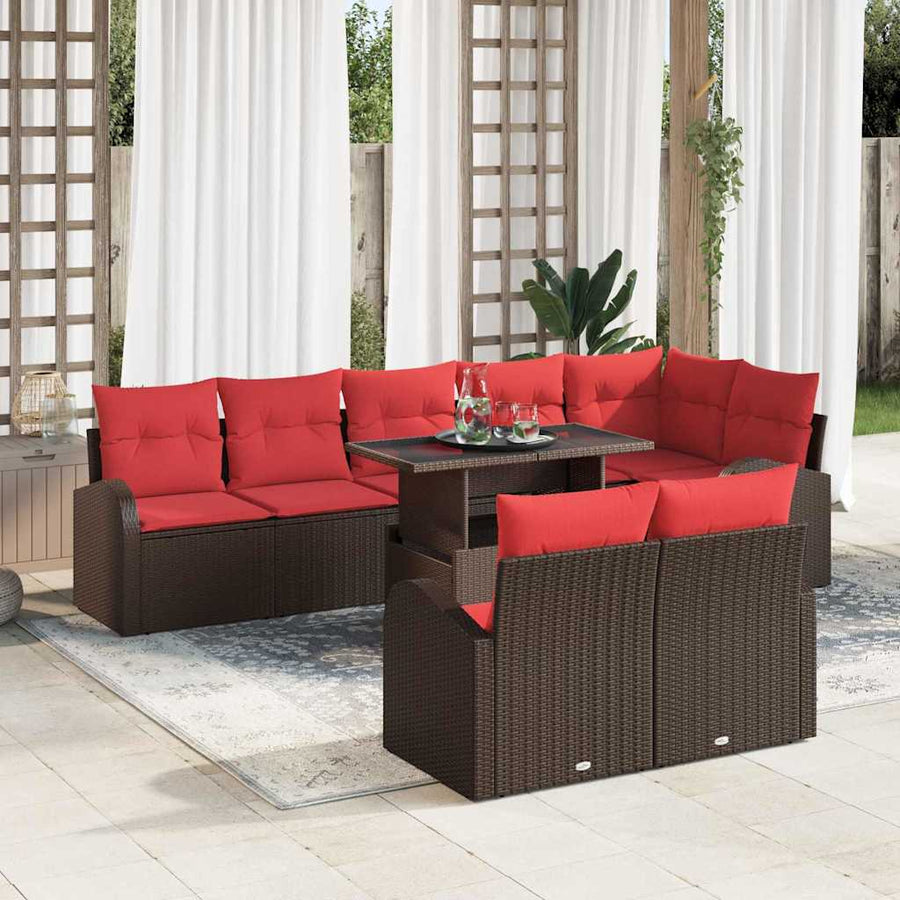 Tuin Sofa Set met opslag 9 pcs Bruin en Rood poly rattan