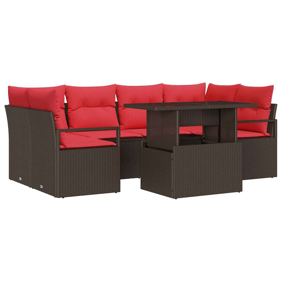 Tuin Sofa Set met kussen 7 pcs Bruin en rood poly rattan