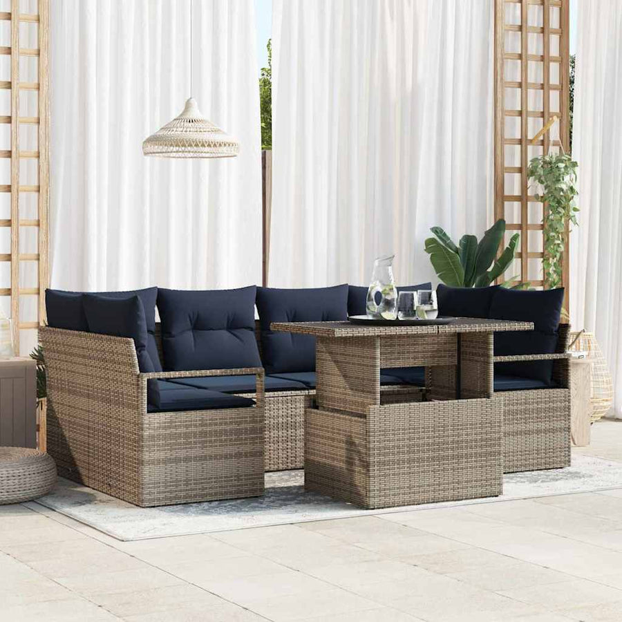 Tuin Sofa Set met kussen 7 pcs grijs en marineblauw poly rattan
