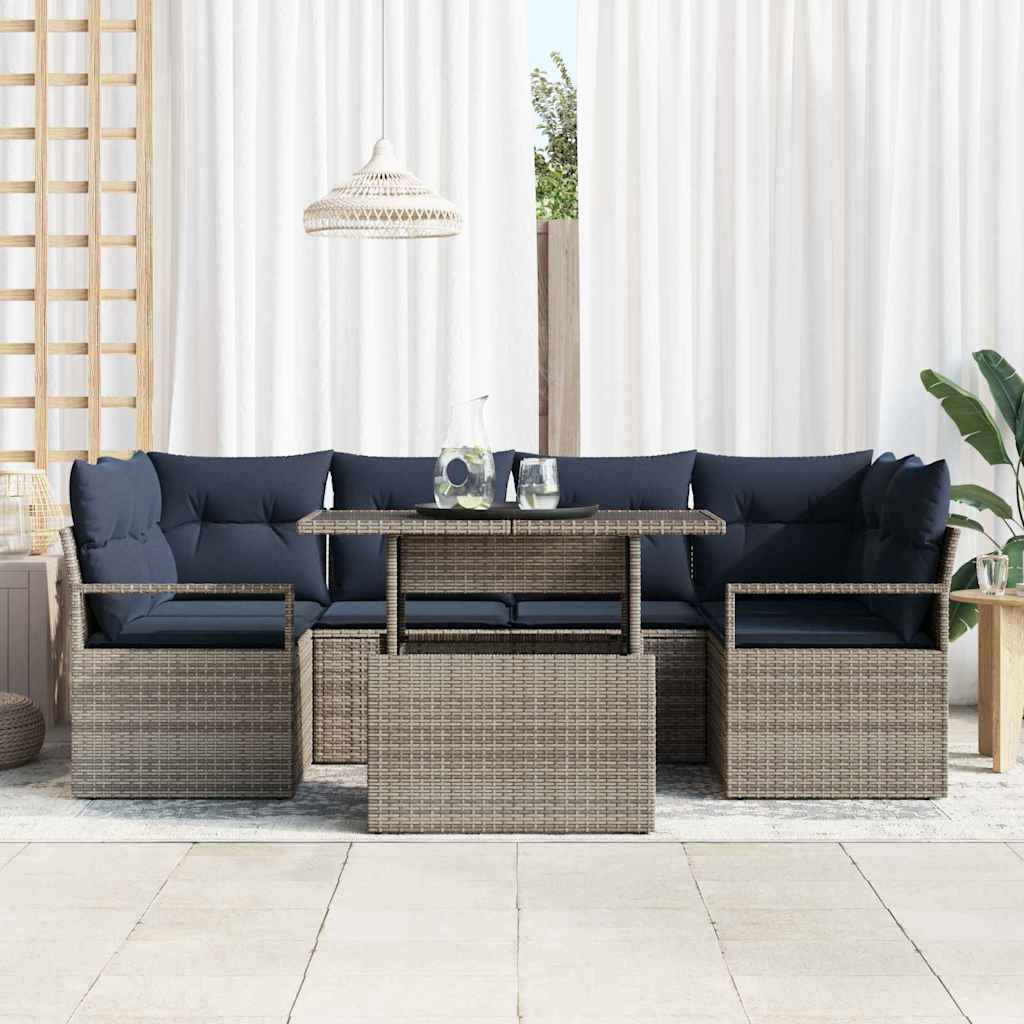 Tuin Sofa Set met kussen 7 pcs grijs en marineblauw poly rattan