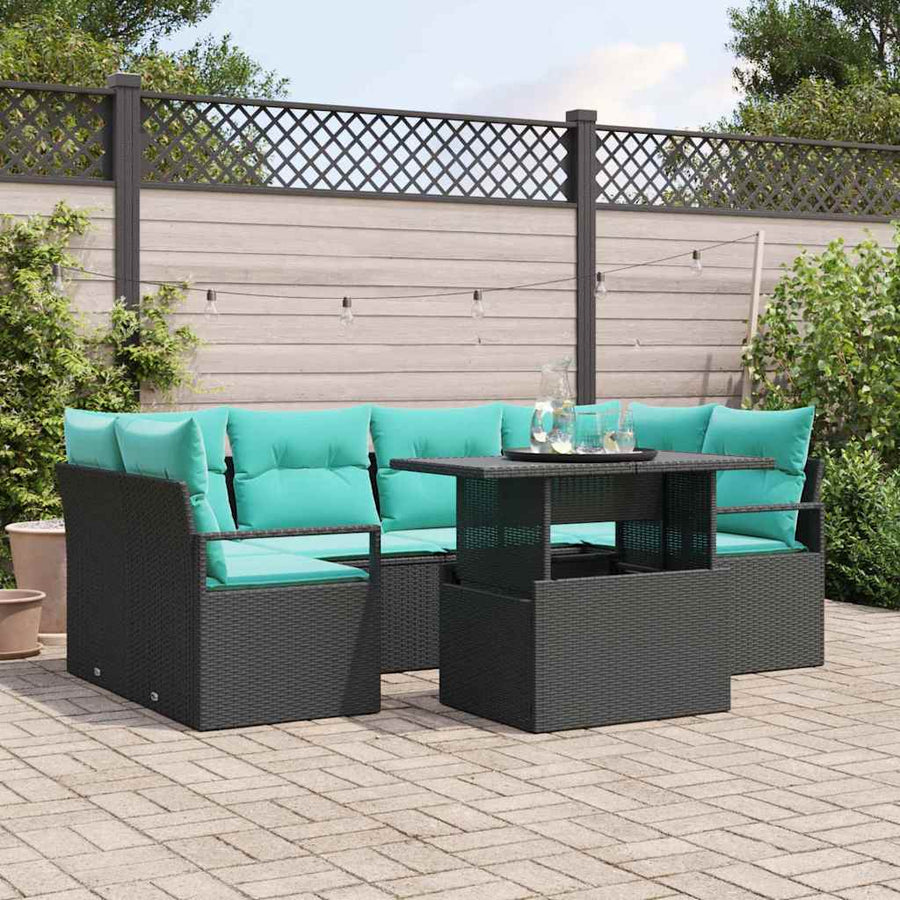 Tuin Sofa Set met kussen 7 pcs Zwart en blauw poly rattan