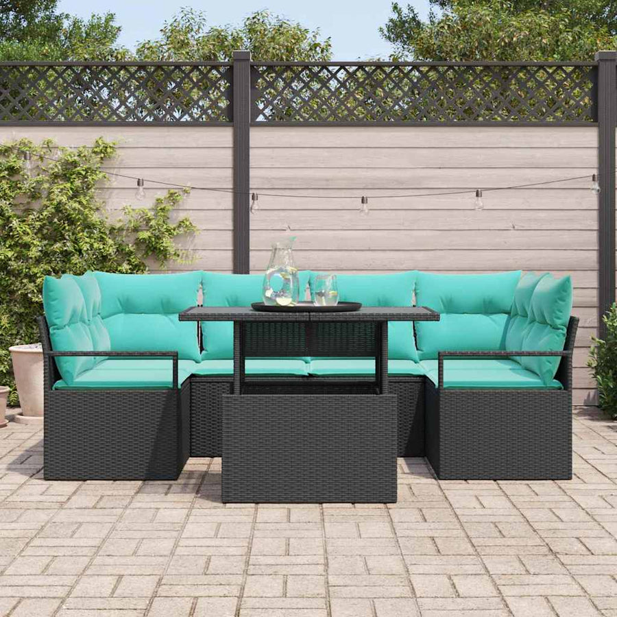 Tuin Sofa Set met kussen 7 pcs Zwart en blauw poly rattan