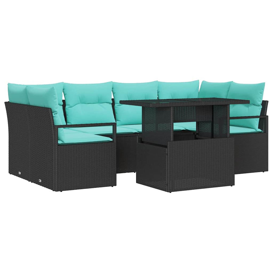 Tuin Sofa Set met kussen 7 pcs Zwart en blauw poly rattan