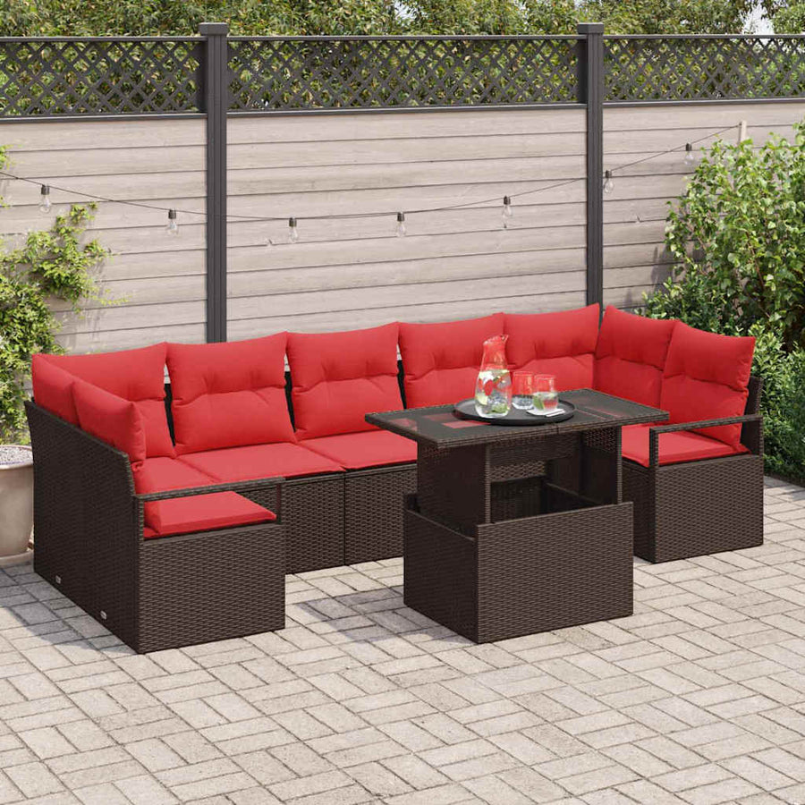 Tuin Sofa Set met kussen 8 pcs Bruin en Rood poly rattan