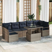 Loungeset poly rattan grijs marineblauw 8-delig