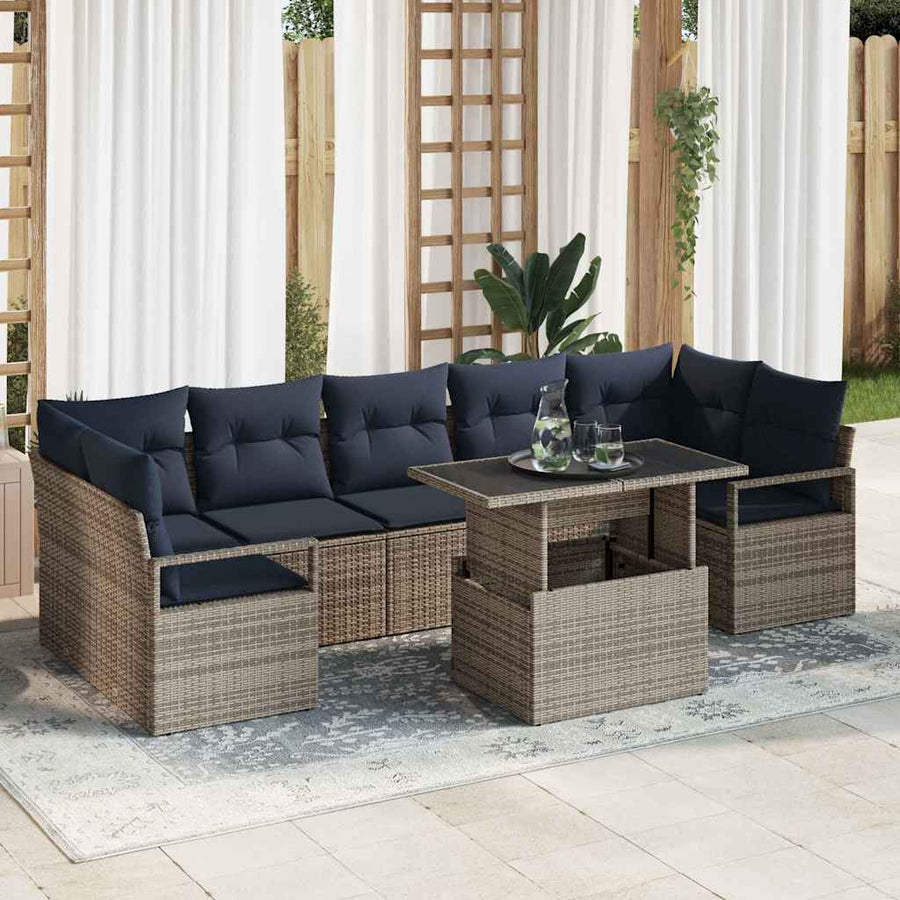 Tuin Sofa Set met kussen 8 pcs grijs en marineblauw poly rattan
