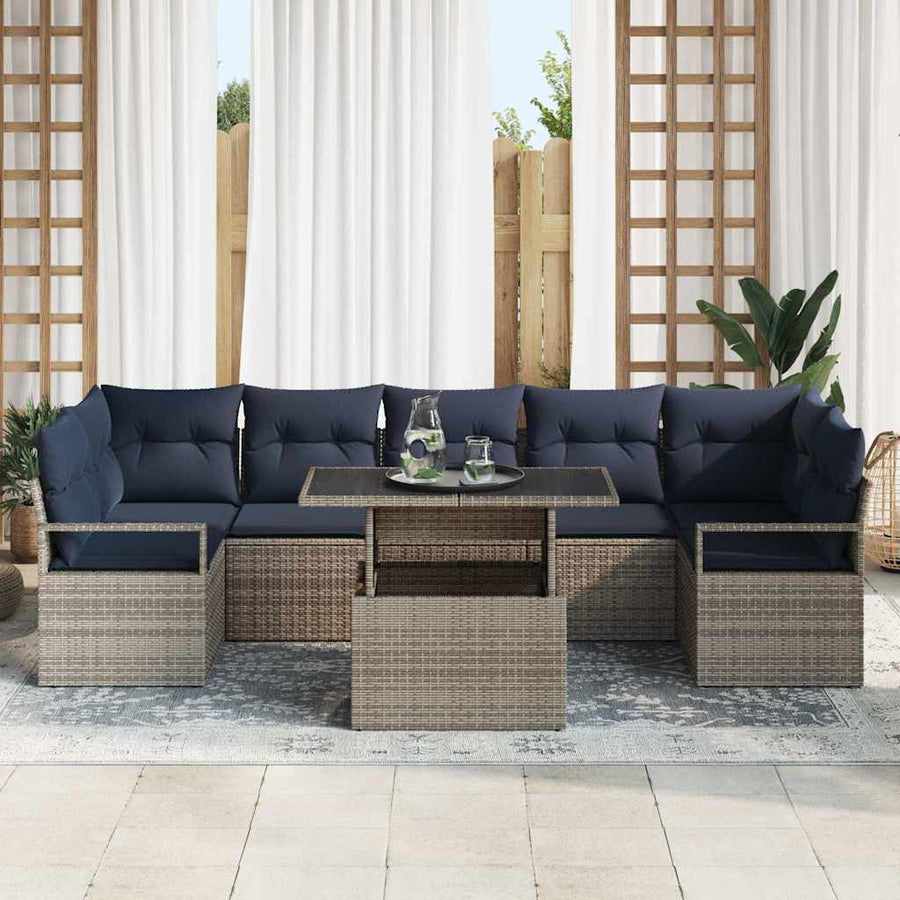 Tuin Sofa Set met kussen 8 pcs grijs en marineblauw poly rattan